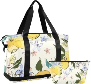 susiyo Travel Duffel Bags for Women, Lemons and Flowers Sports Duffel Bags Gym Bags with Shoes Compartment, Tote Bag Weekender Bag for Travelling