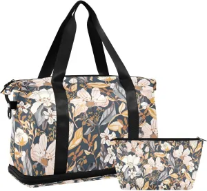 susiyo Travel Duffel Bags for Women, Vintage Floral Yellow Sports Duffel Bags Gym Bags with Shoes Compartment, Tote Bag Weekender Bag for Travelling