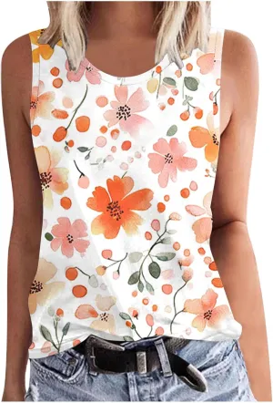 Tank Tops for Women Floral Print Sleeveless Crewneck Loose Fit Summer Tunic Tops Casual Vacation Beach Shirts