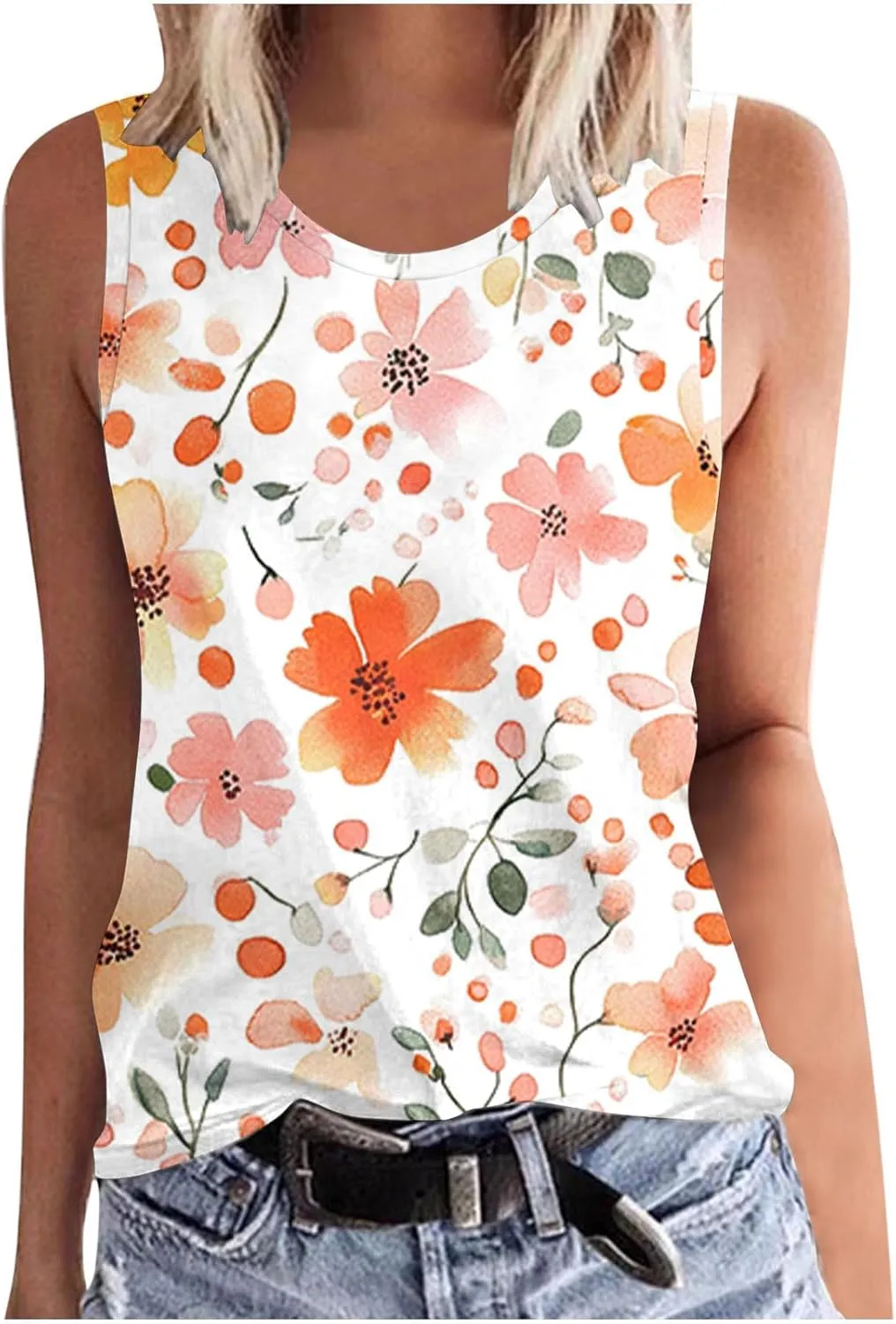 Tank Tops for Women Floral Print Sleeveless Crewneck Loose Fit Summer Tunic Tops Casual Vacation Beach Shirts
