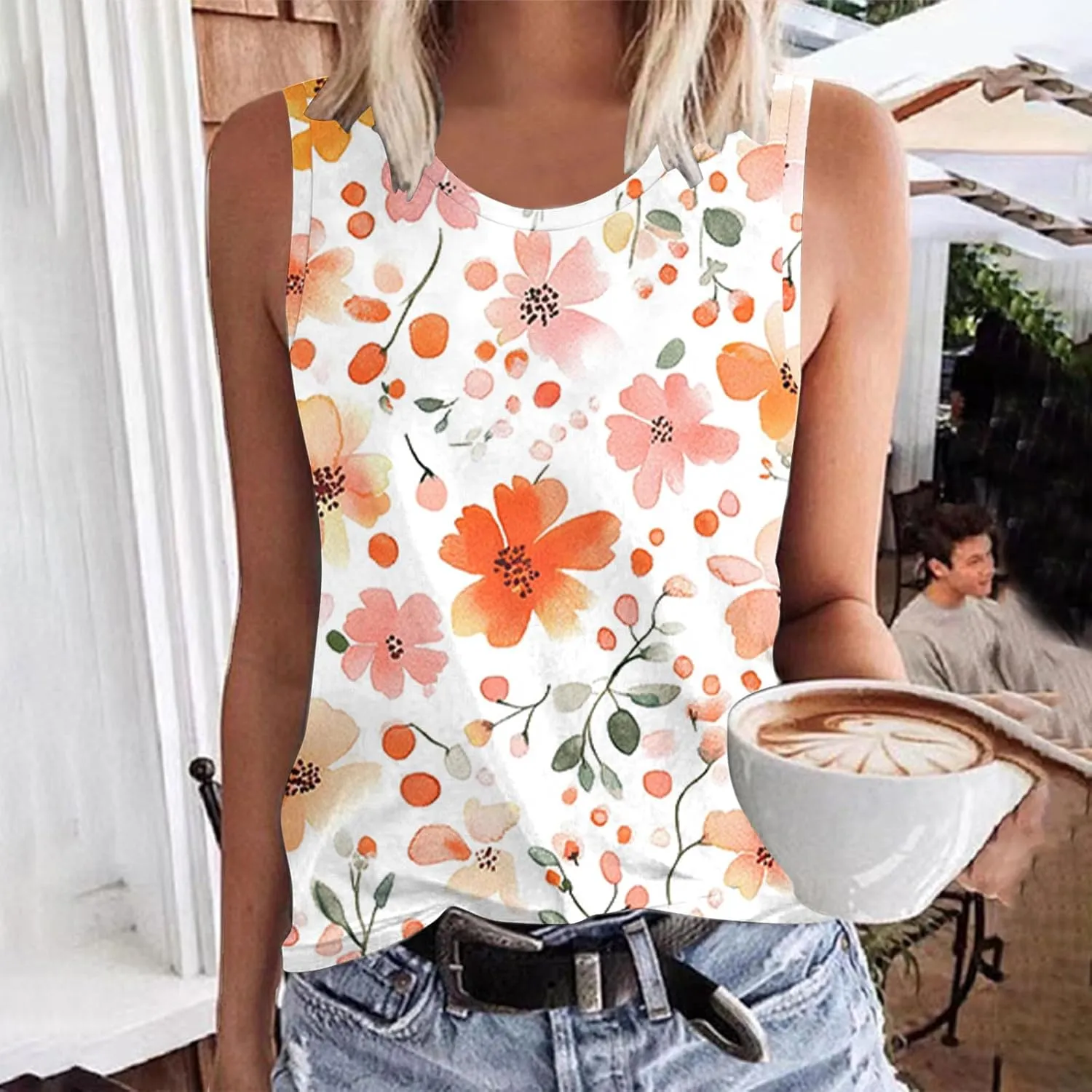 Tank Tops for Women Floral Print Sleeveless Crewneck Loose Fit Summer Tunic Tops Casual Vacation Beach Shirts