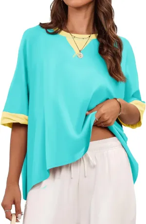 Tankaneo Womens Oversized Color Block T-Shirts Summer Casual Short Sleeve High Low Tops Flowy Loose Fit Crew Neck Shirts Blue Green