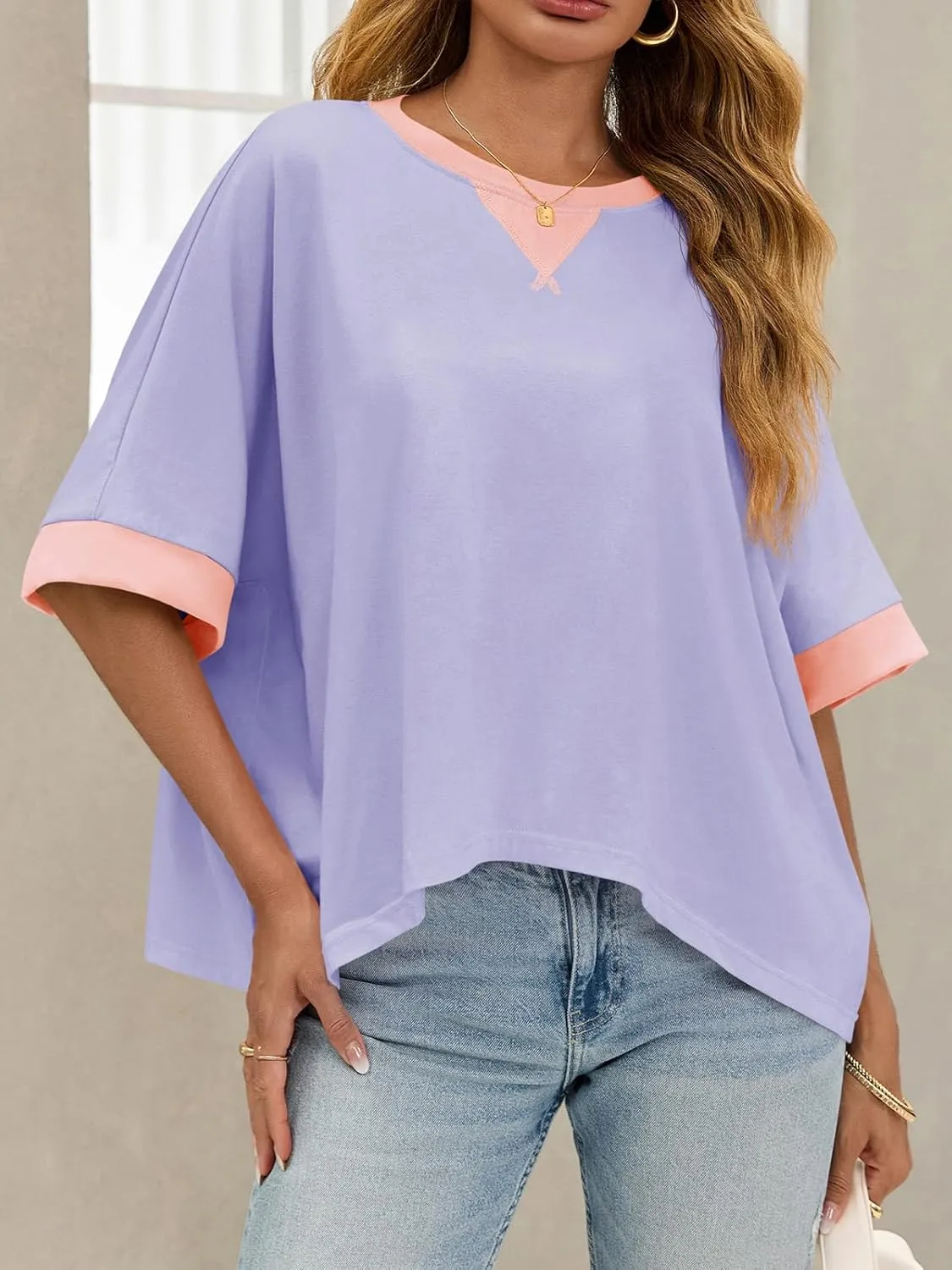 Tankaneo Womens Oversized Color Block T-Shirts Summer Casual Short Sleeve High Low Tops Flowy Loose Fit Crew Neck Shirts