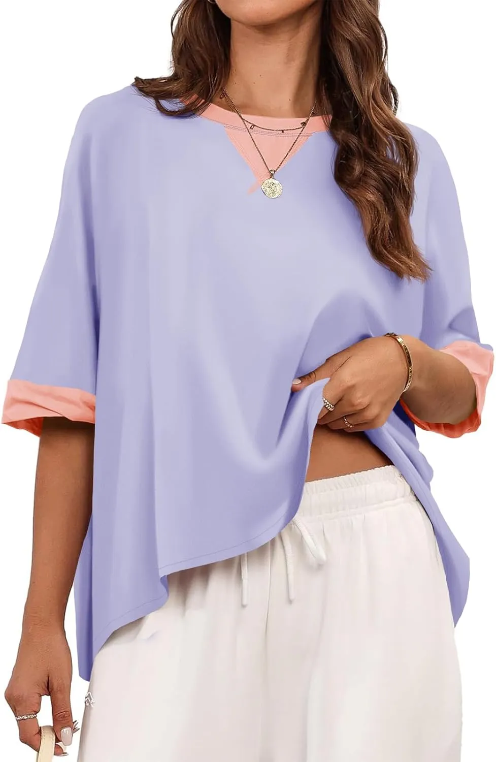 Tankaneo Womens Oversized Color Block T-Shirts Summer Casual Short Sleeve High Low Tops Flowy Loose Fit Crew Neck Shirts