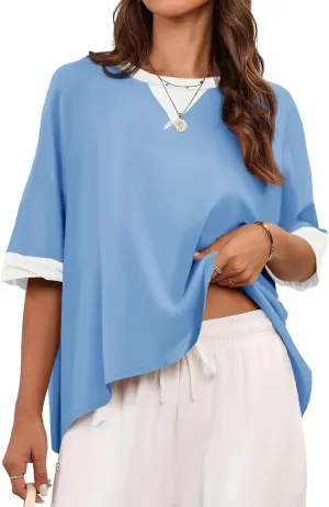 Tankaneo Womens Oversized Color Block T-Shirts Summer Casual Short Sleeve High Low Tops Flowy Loose Fit Crew Neck Shirts
