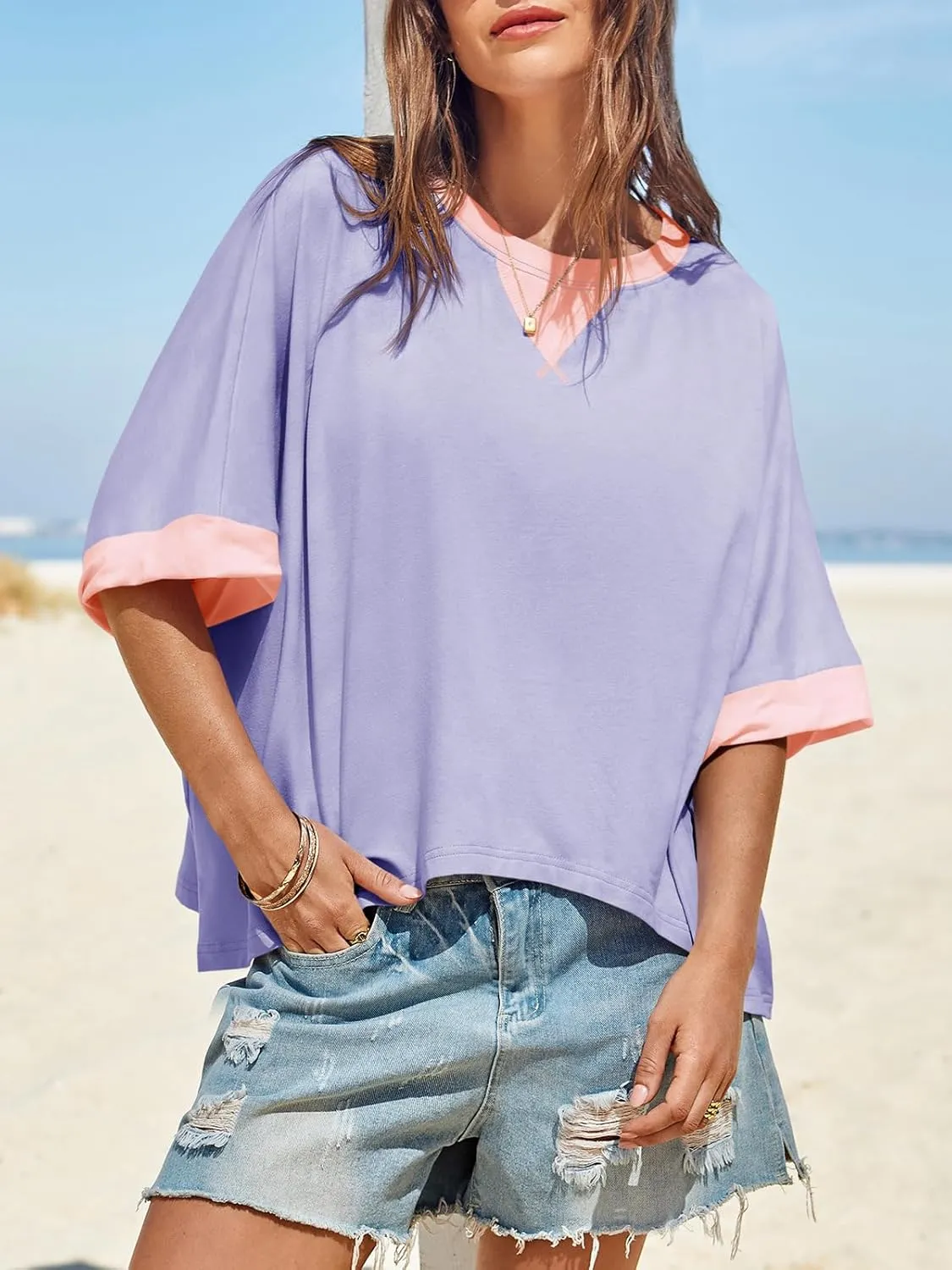 Tankaneo Womens Oversized Color Block T-Shirts Summer Casual Short Sleeve High Low Tops Flowy Loose Fit Crew Neck Shirts