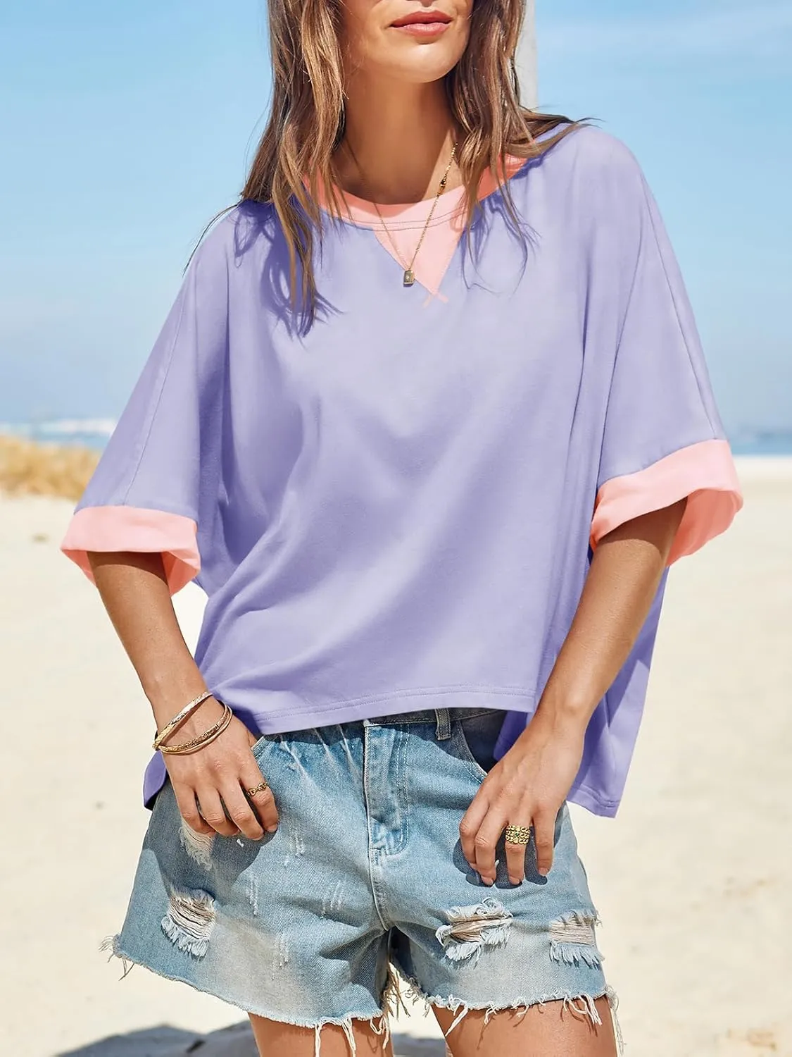 Tankaneo Womens Oversized Color Block T-Shirts Summer Casual Short Sleeve High Low Tops Flowy Loose Fit Crew Neck Shirts