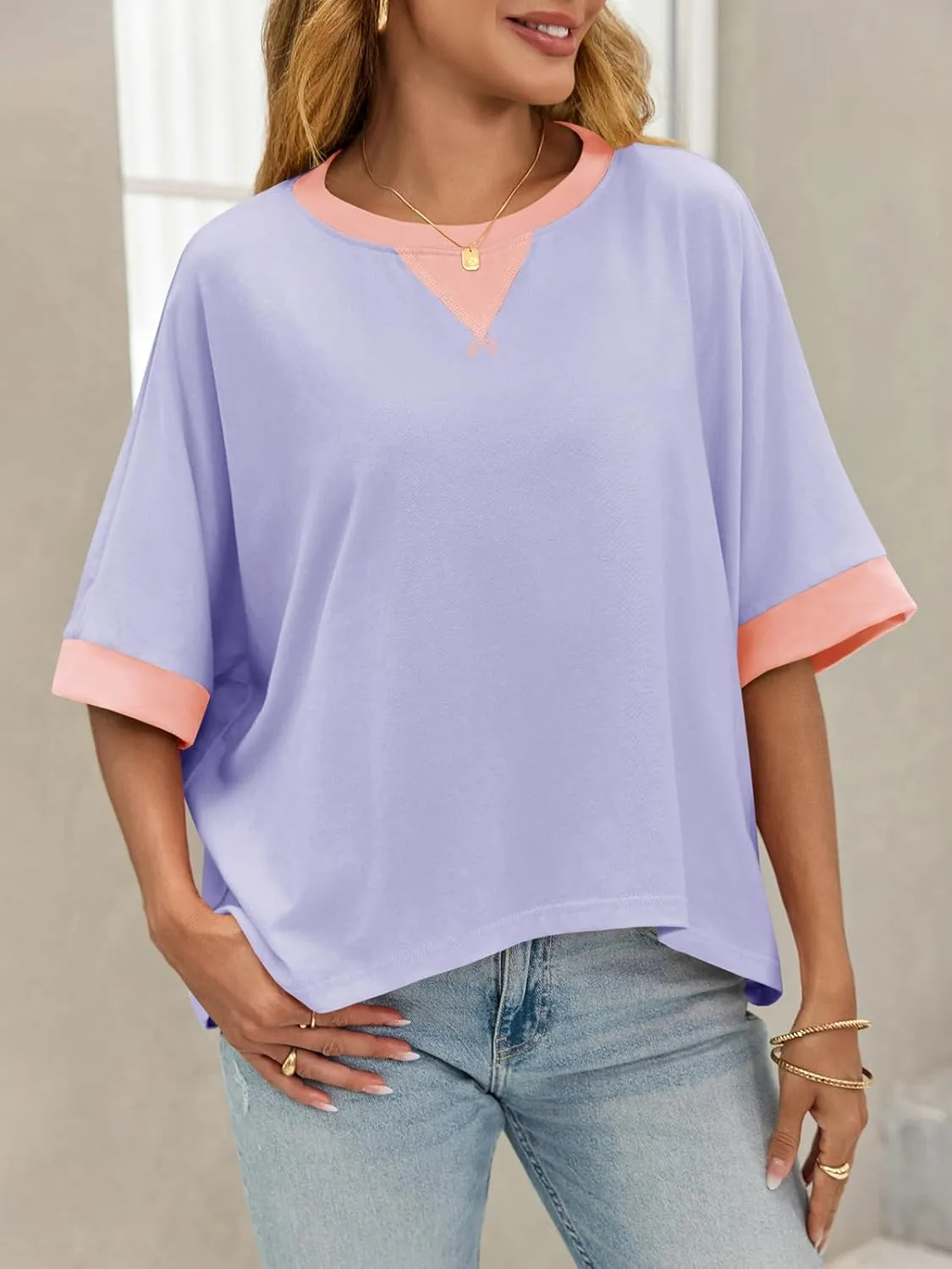 Tankaneo Womens Oversized Color Block T-Shirts Summer Casual Short Sleeve High Low Tops Flowy Loose Fit Crew Neck Shirts