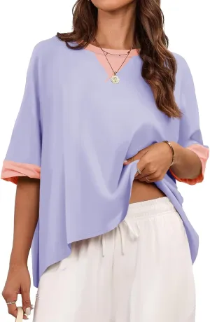 Tankaneo Womens Oversized Color Block T-Shirts Summer Casual Short Sleeve High Low Tops Flowy Loose Fit Crew Neck Shirts