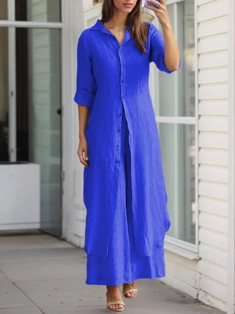 TIAFORD Women Elegant Cotton Linen 2 Piece Outfits Button up Lapel Long Sleeve Shirts and Wide Leg Trousers Plain Sets