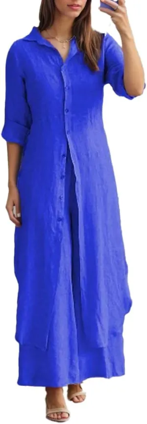 TIAFORD Women Elegant Cotton Linen 2 Piece Outfits Button up Lapel Long Sleeve Shirts and Wide Leg Trousers Plain Sets