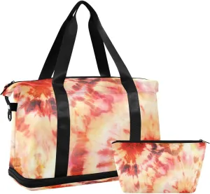 Tiedye Orange Duffel Gym Bag for Women Sports Travel Duffel Bag Travel Tote with Shoes Compartment Mommy Maternity Hospital Bag for Traveling