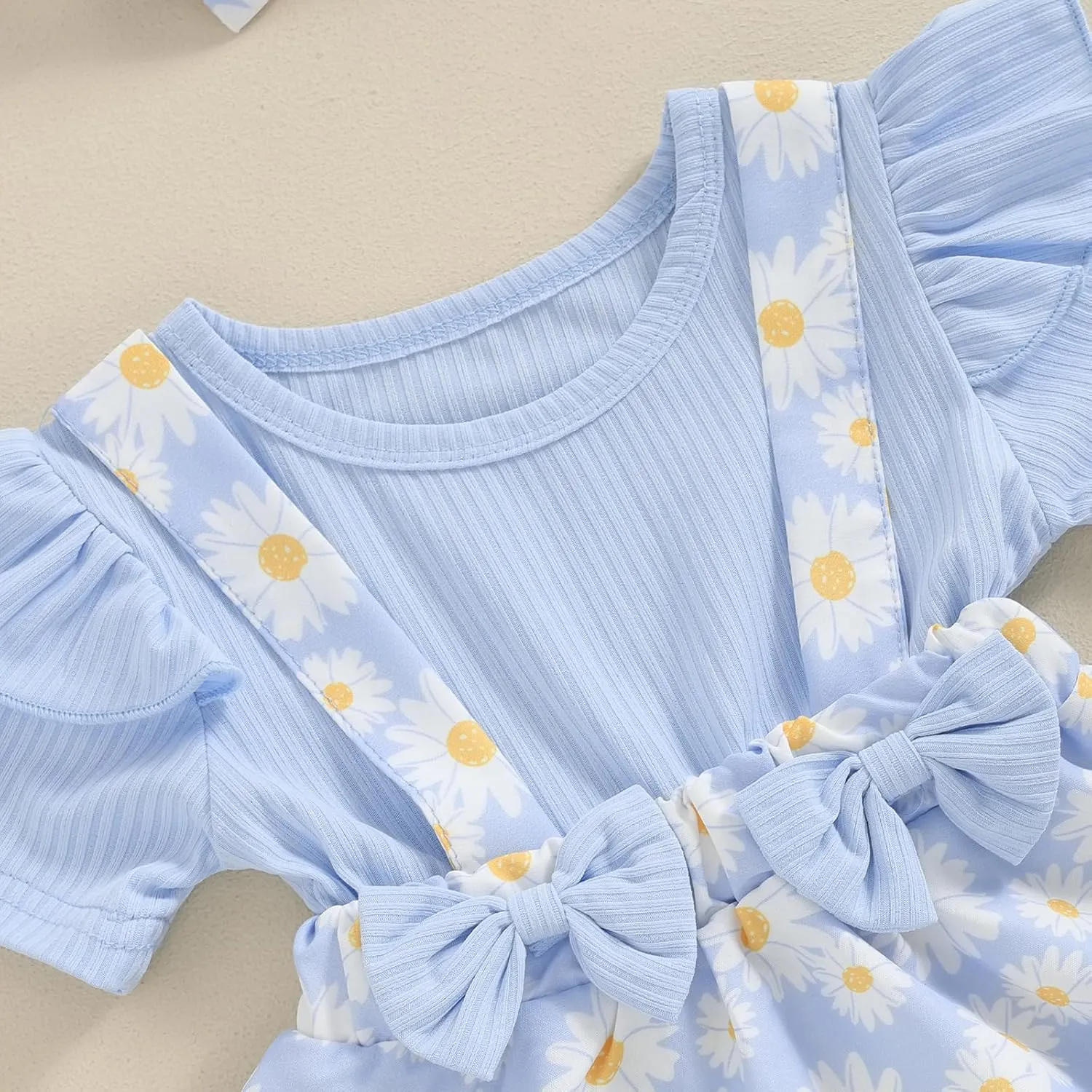 Toddler Baby Girl Daisy Dress Ribbed Ruffles Short Sleeve Twirl Dresses with Headband Little Girls Summer Outfits