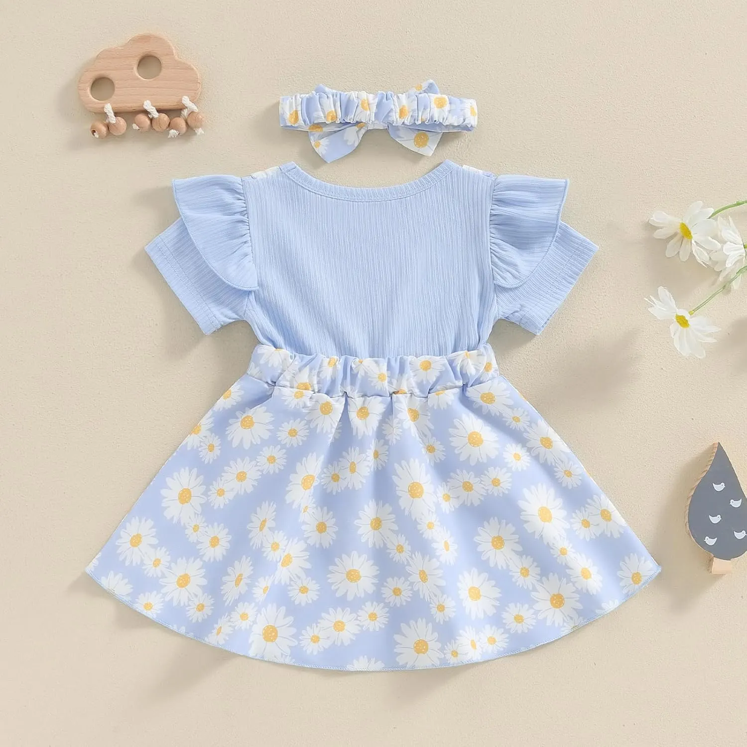 Toddler Baby Girl Daisy Dress Ribbed Ruffles Short Sleeve Twirl Dresses with Headband Little Girls Summer Outfits