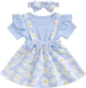 Toddler Baby Girl Daisy Dress Ribbed Ruffles Short Sleeve Twirl Dresses with Headband Little Girls Summer Outfits