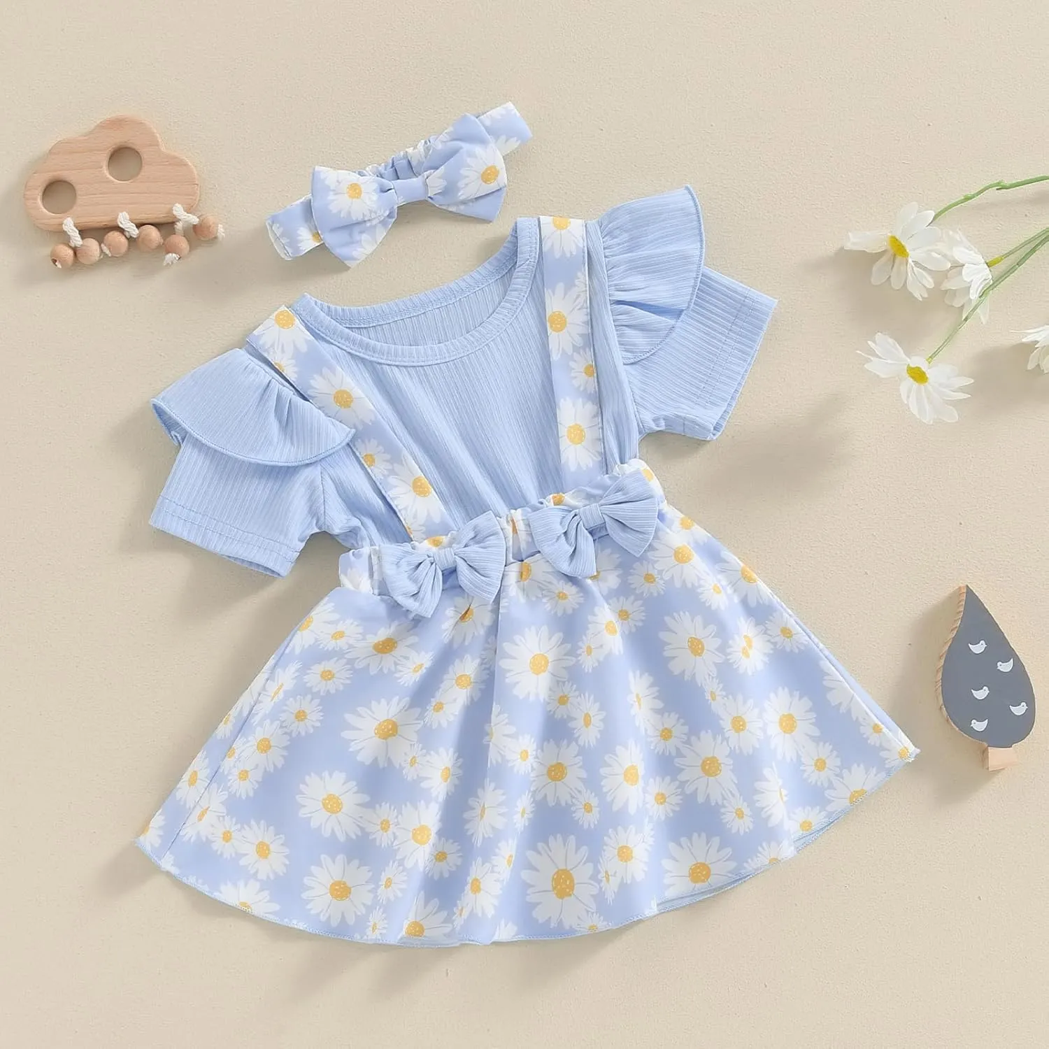Toddler Baby Girl Daisy Dress Ribbed Ruffles Short Sleeve Twirl Dresses with Headband Little Girls Summer Outfits
