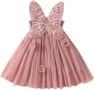 Toddler Baby Girls Butterfly Dress Sleeveless Wings Flower Tulle Tutu Princess Summer Birthday Party Dresses Baby Dusty Pink 3-4 Years