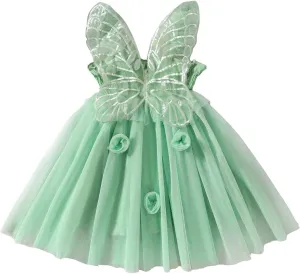 Toddler Baby Girls Butterfly Dress Sleeveless Wings Flower Tulle Tutu Princess Summer Birthday Party Dresses Baby Green 12-18 Months
