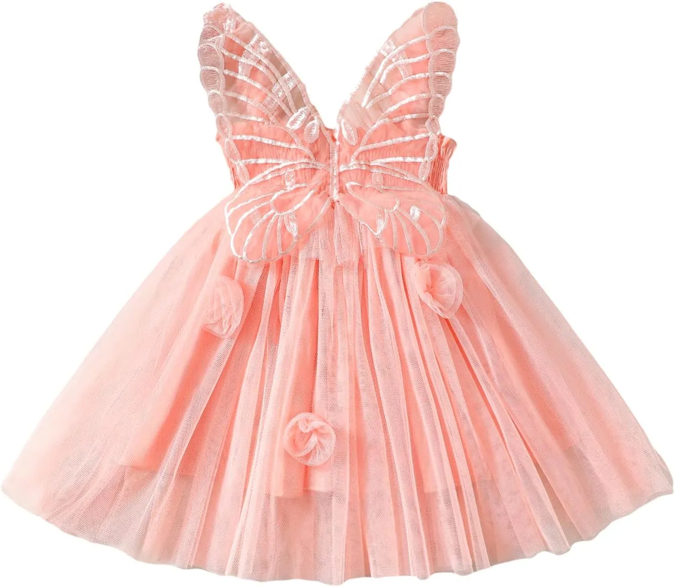 Toddler Baby Girls Butterfly Dress Sleeveless Wings Flower Tulle Tutu Princess Summer Birthday Party Dresses Baby Pinkish Orange 3-4 Years