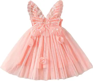 Toddler Baby Girls Dress Sleeveless Wings Flower Tulle Tutu Princess Summer Birthday Party Dresses Baby Pinkish Orange 18-24 Months