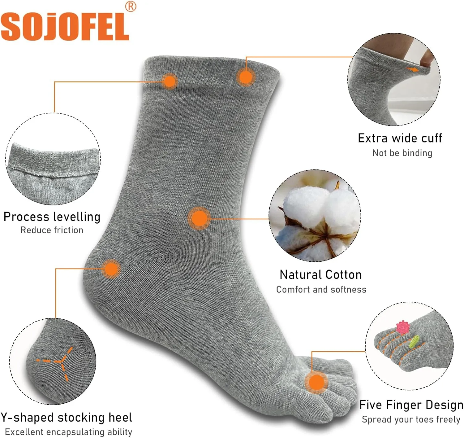 Toe Socks for Men Women - Five Finger Socks Cotton Crew Breathable for Athletic Running Sports 5 Pairs 9-13