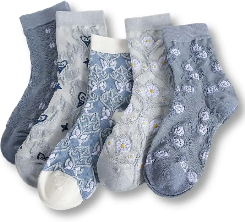 TOOGEN 5/6/10 Pairs of Womens Vintage Floral Patterned Cute Ruffle Cartoon Cotton Crew Socks