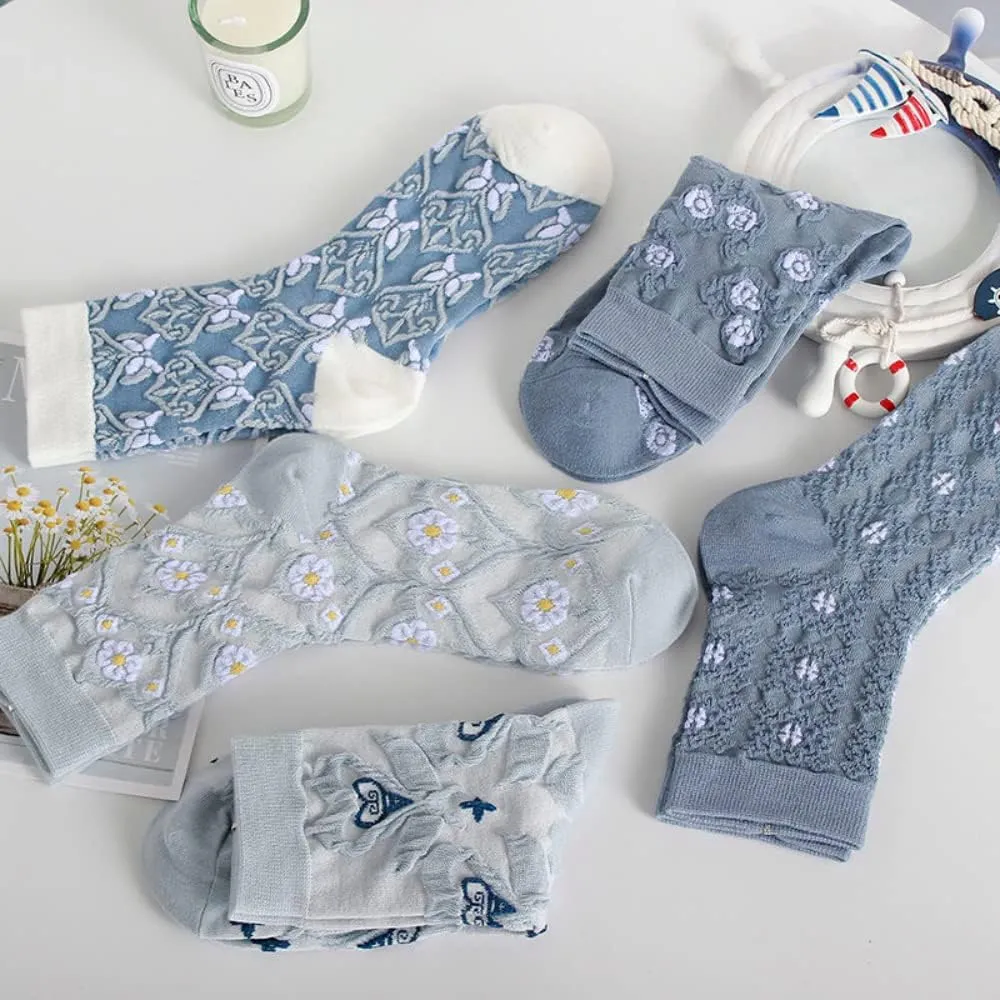 TOOGEN 5/6/10 Pairs of Womens Vintage Floral Patterned Cute Ruffle Cartoon Cotton Crew Socks