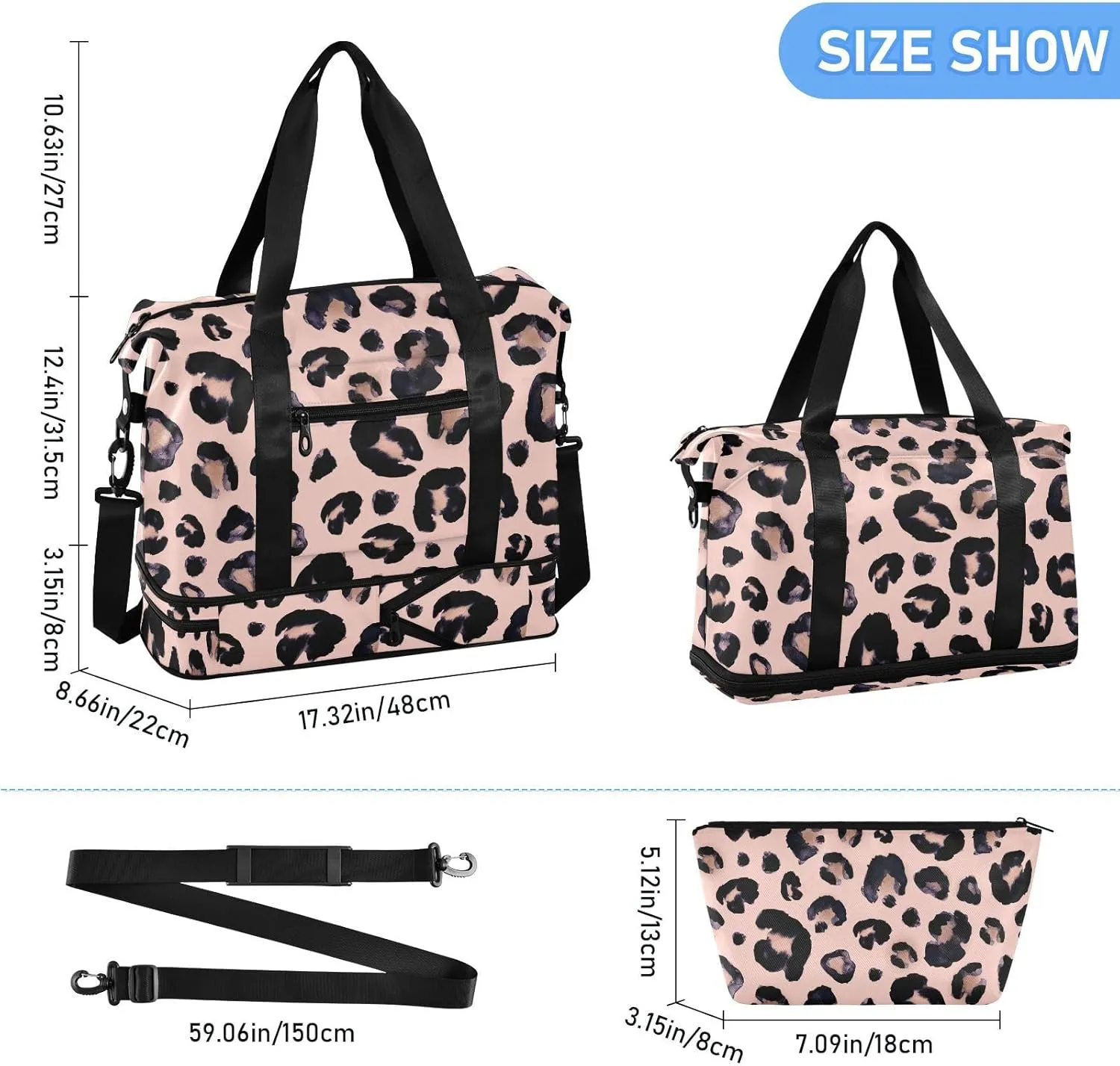 Travel Duffel Bag for Women Men Camo Gym Bag with Shoe Compartment Wet Pocket Carry On Weekender Overnight Bags for Yoga School Travel Gym, Pink Leopard, Large