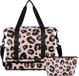 Travel Duffel Bag for Women Men Camo Gym Bag with Shoe Compartment Wet Pocket Carry On Weekender Overnight Bags for Yoga School Travel Gym, Pink Leopard, Large