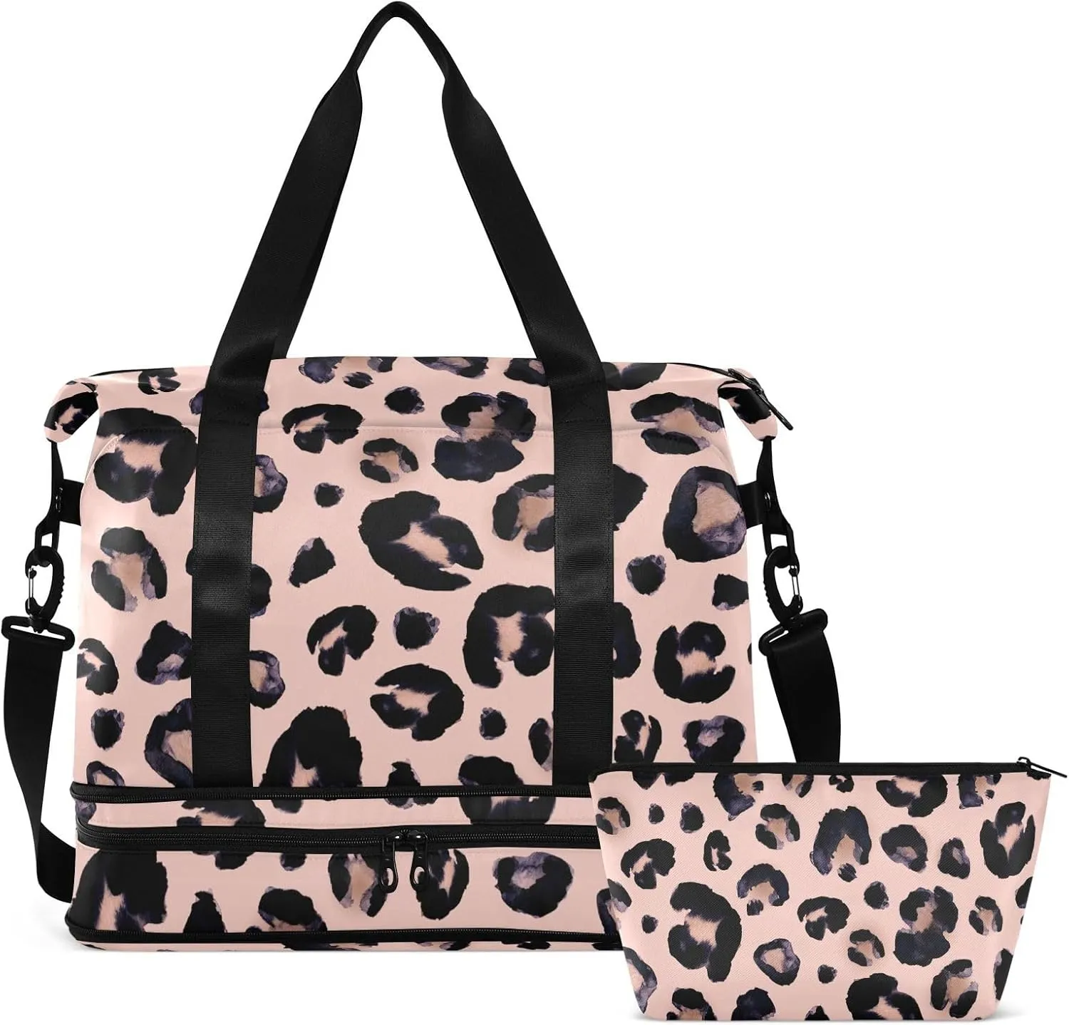 Travel Duffel Bag for Women Men Camo Gym Bag with Shoe Compartment Wet Pocket Carry On Weekender Overnight Bags for Yoga School Travel Gym, Pink Leopard, Large