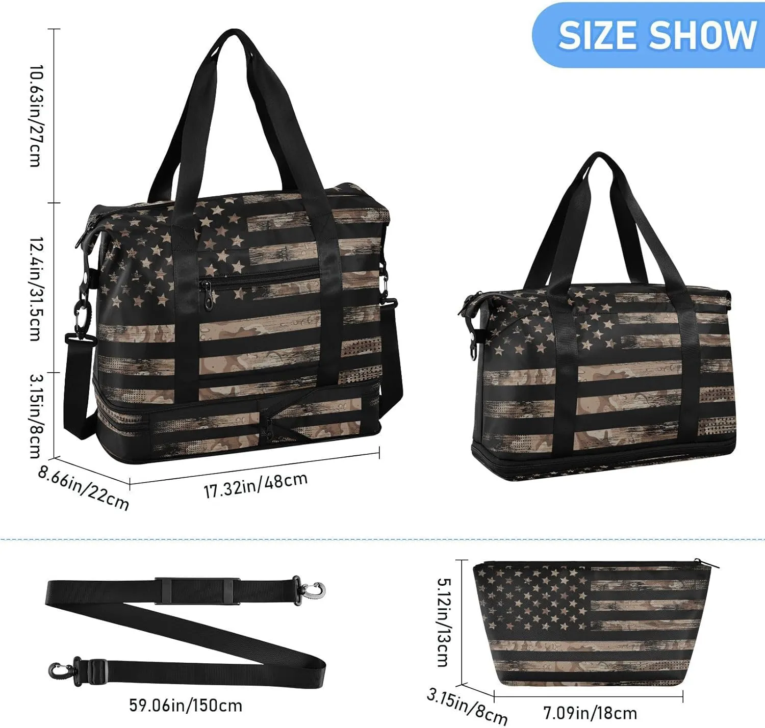 Travel Duffel Bag for Women Men Camo Gym Bag with Shoe Compartment Wet Pocket Carry On Weekender Overnight Bags for Yoga School Travel Gym, Us Flags, Large