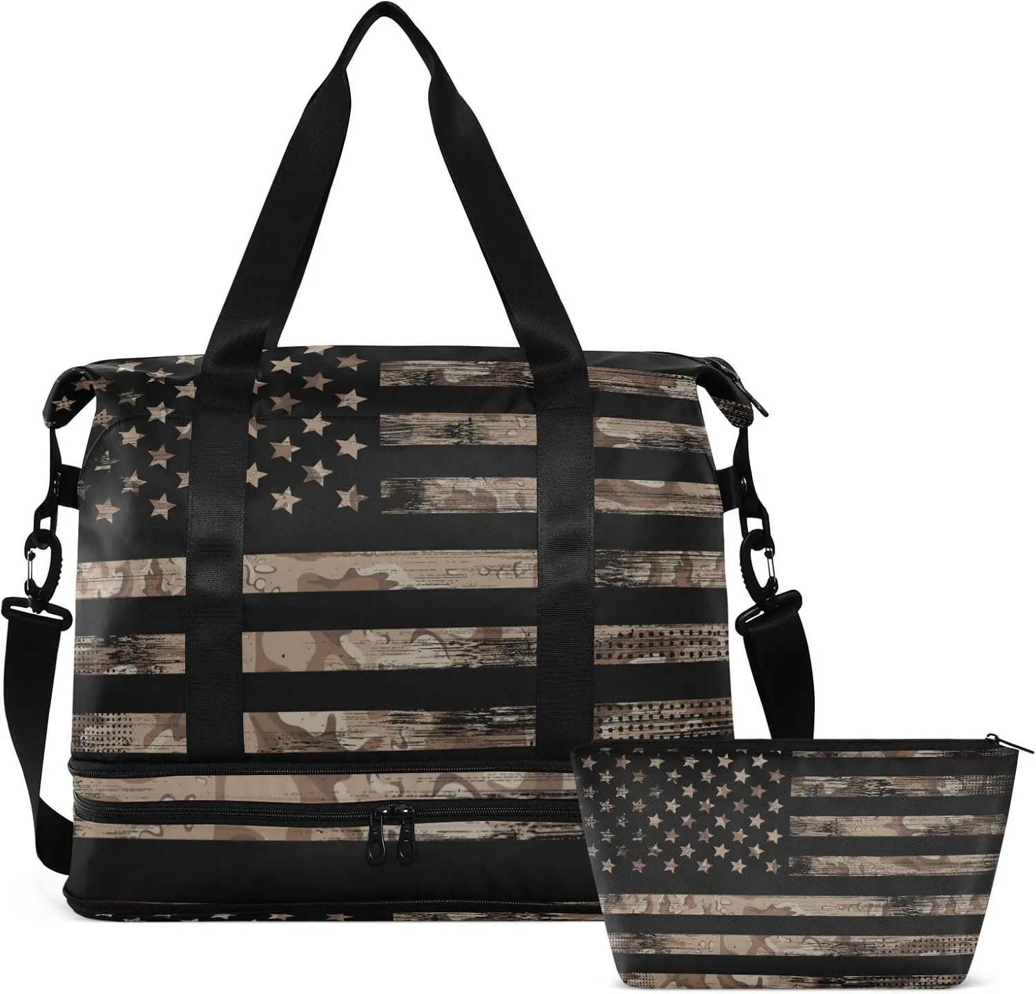 Travel Duffel Bag for Women Men Camo Gym Bag with Shoe Compartment Wet Pocket Carry On Weekender Overnight Bags for Yoga School Travel Gym, Us Flags, Large