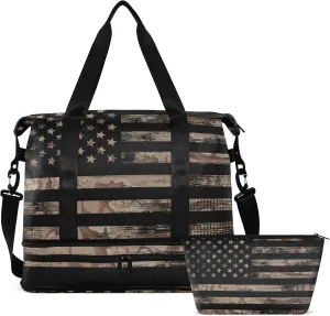 Travel Duffel Bag for Women Men Camo Gym Bag with Shoe Compartment Wet Pocket Carry On Weekender Overnight Bags for Yoga School Travel Gym, Us Flags, Large