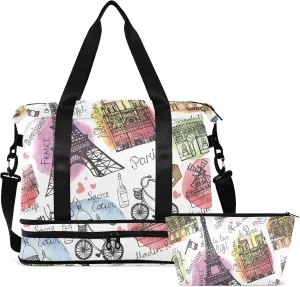 Travel Duffel Bag for Women Men Camo Gym Bag with Shoe Compartment Wet Pocket Carry On Weekender Overnight Bags for Yoga School Travel Gym, Vintage Paris, Large