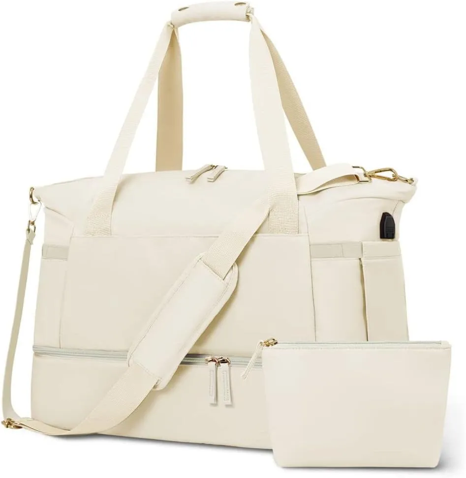Travel Duffel Bag Sport Gym Tote with Shoes Compartment and Wet Pocket Foldable Lightweight Shoulder Handbag for Women Men, White, large, Classic