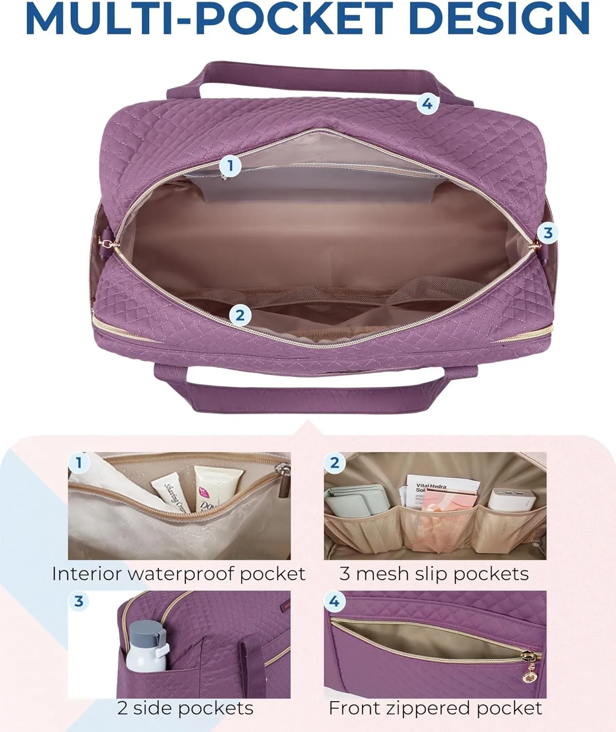 Travel Duffle Bag, BAGSMART 31L Quilted Weekender Overnight Bag for Women with Laptop Compartment, Large Carry On Airport Bag with Wet Pocket & Shoe Bag for Business Trips, Sports (Purple)