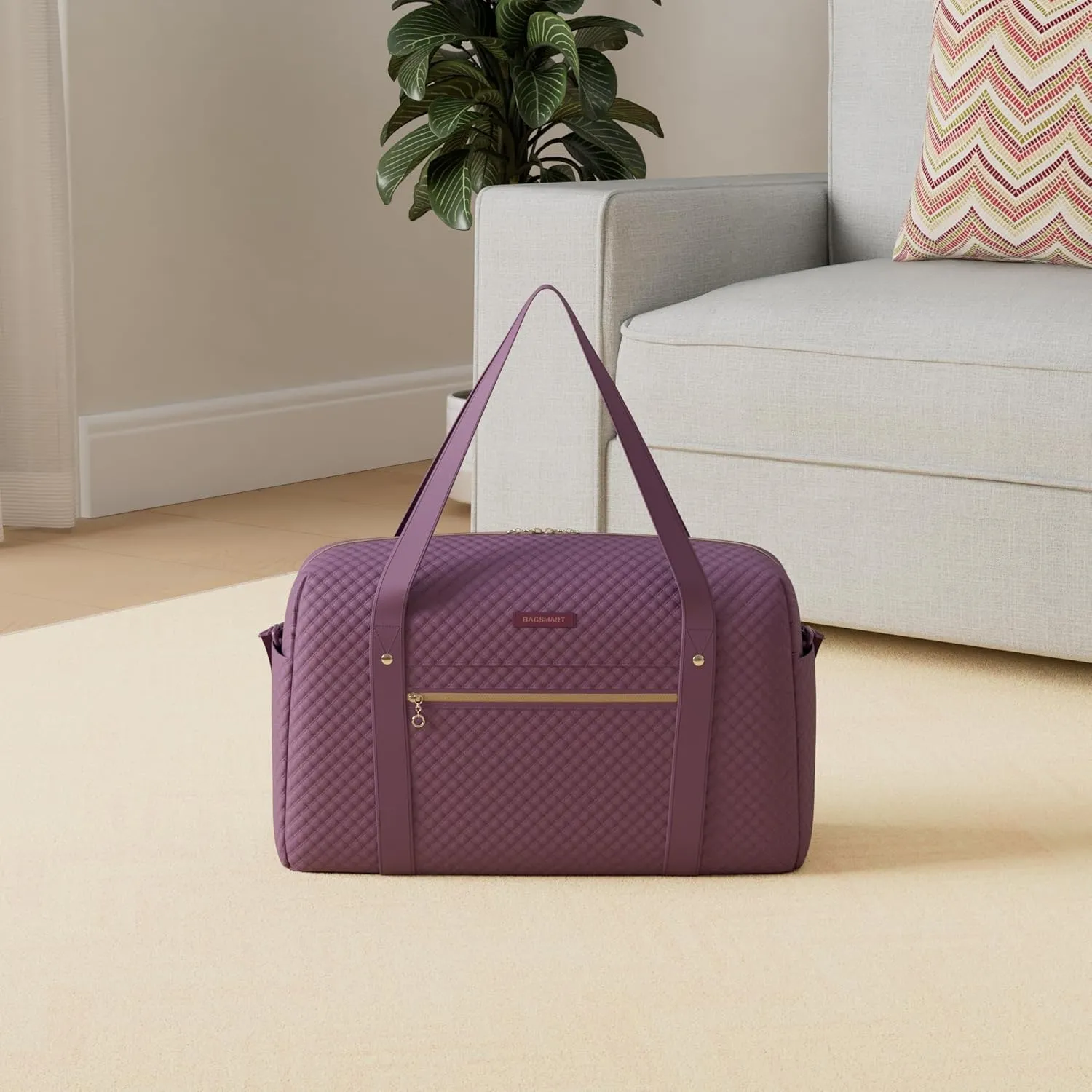 Travel Duffle Bag, BAGSMART 31L Quilted Weekender Overnight Bag for Women with Laptop Compartment, Large Carry On Airport Bag with Wet Pocket & Shoe Bag for Business Trips, Sports (Purple)