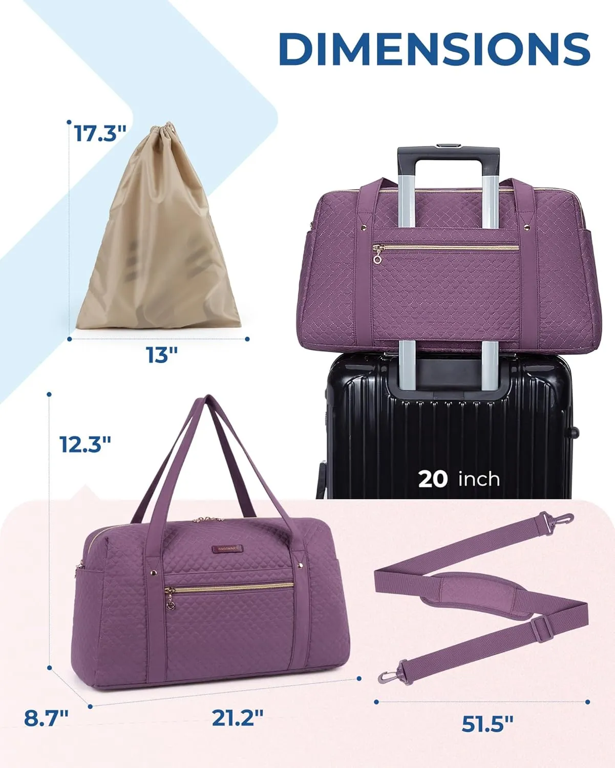 Travel Duffle Bag, BAGSMART 31L Quilted Weekender Overnight Bag for Women with Laptop Compartment, Large Carry On Airport Bag with Wet Pocket & Shoe Bag for Business Trips, Sports (Purple)