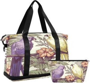 Tropical Plants and Birds Gym Bag for Men Women with Shoes Compartment & Wet Pocket Sport Travel Duffel Bag Waterproof Weekender Overnight Bag