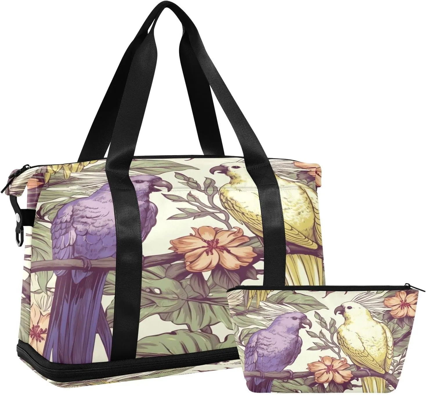 Tropical Plants and Birds Gym Bag for Men Women with Shoes Compartment & Wet Pocket Sport Travel Duffel Bag Waterproof Weekender Overnight Bag