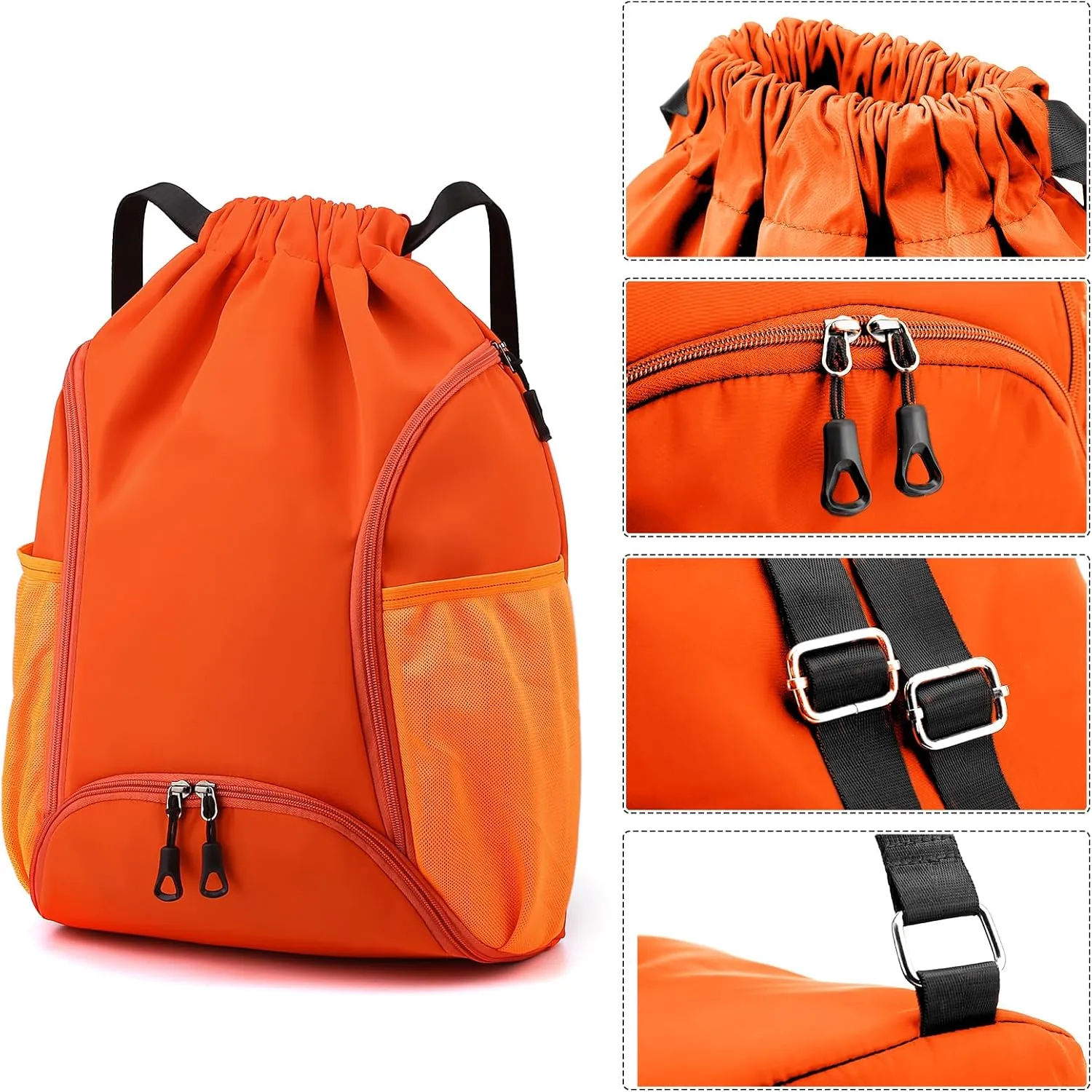 Valleycomfy Sports Gym Bag Drawstring Backpack with Shoes Basketball Bag and Two Water Bottle Holder,Drawstring Backpack for Beach, Pool and Travel,Orange