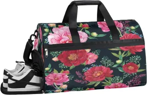 Vintage Flower Pink Red Gym Bag for Men Women Fitness Workout Sports Duffle Bag with Shoes Compartment Water Resistant Overnight Weekender Duffel Bag