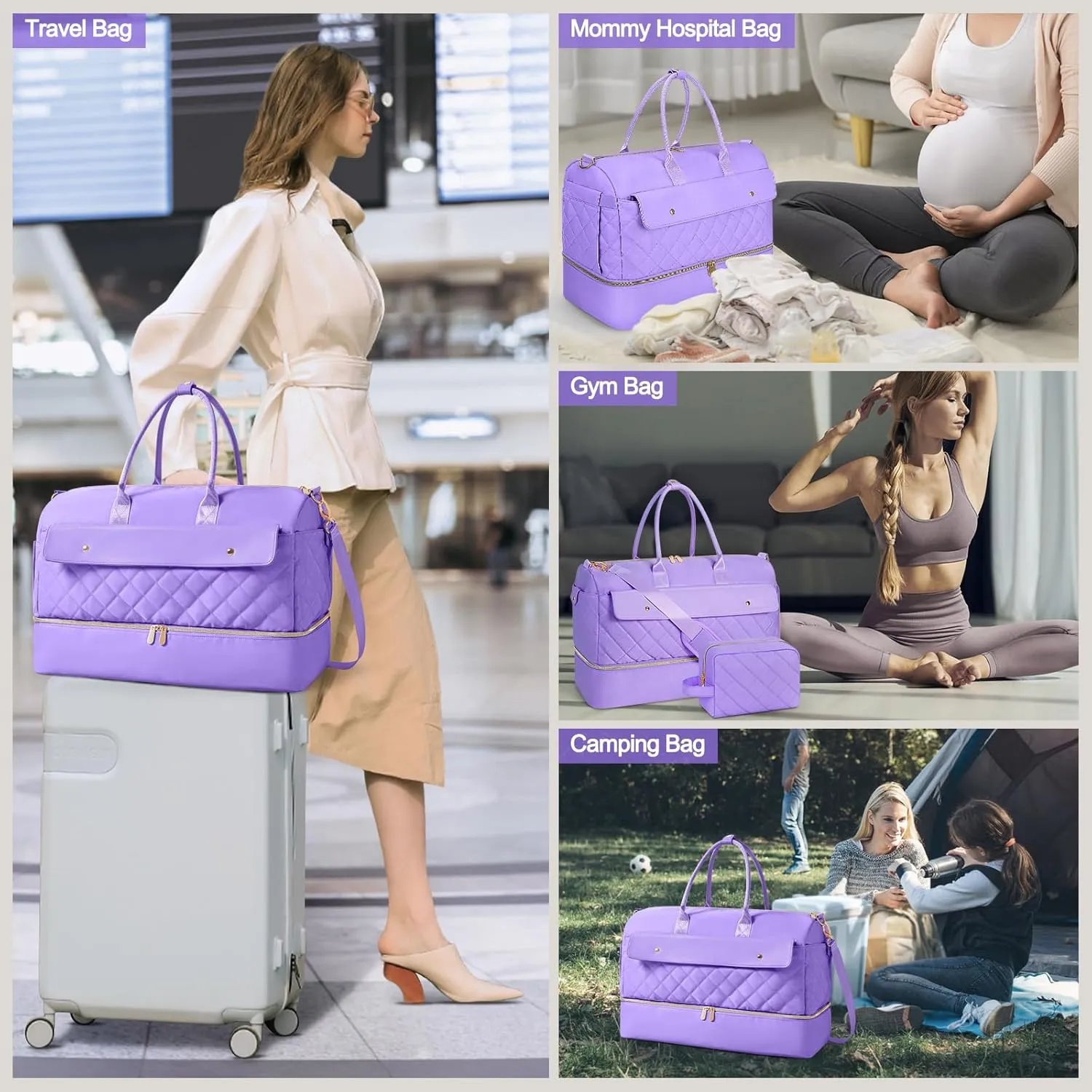 Wedama Weekender Bags for Women, Travel Duffel Bag with Shoe Compartmentfor Travel Gym, Purple, Large