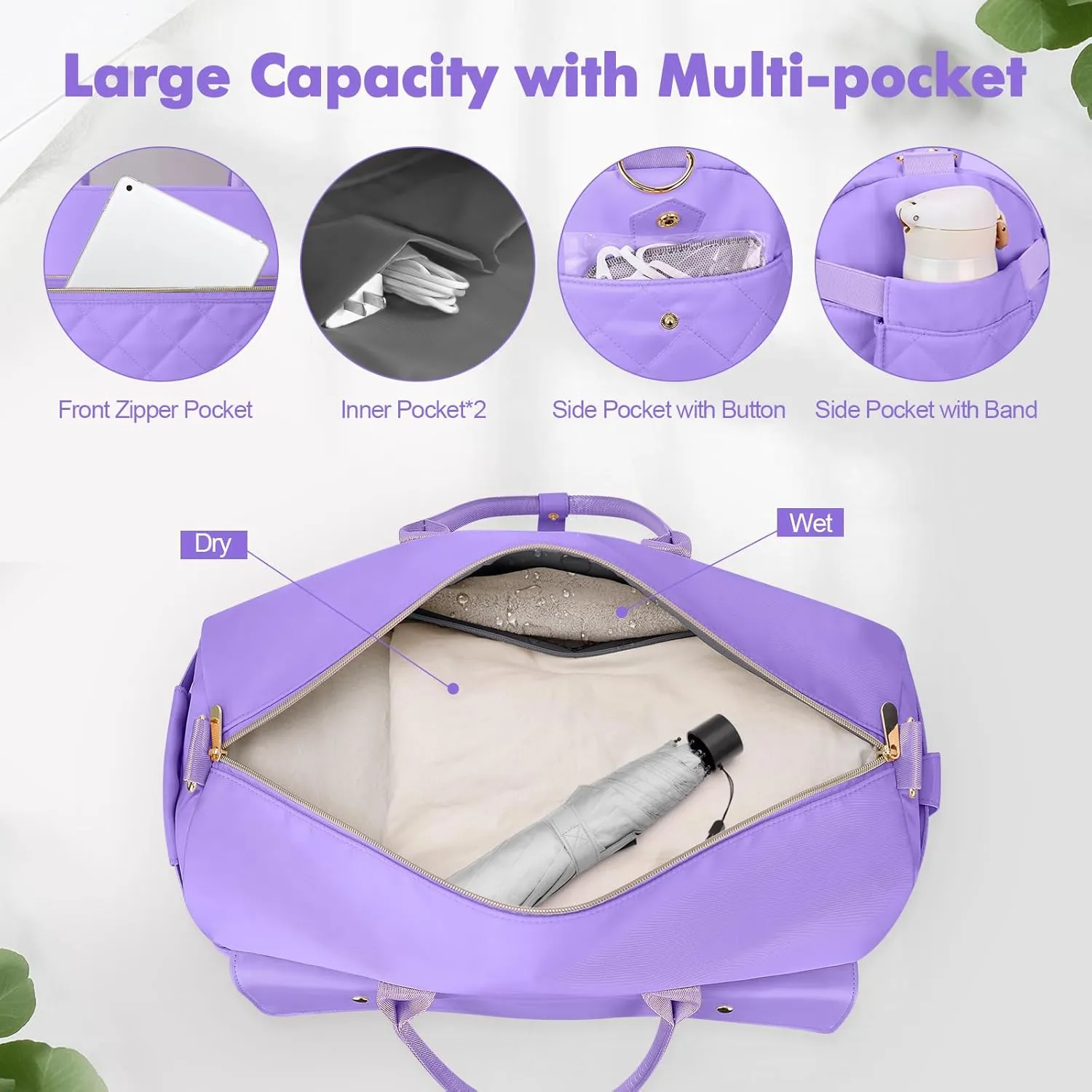 Wedama Weekender Bags for Women, Travel Duffel Bag with Shoe Compartmentfor Travel Gym, Purple, Large