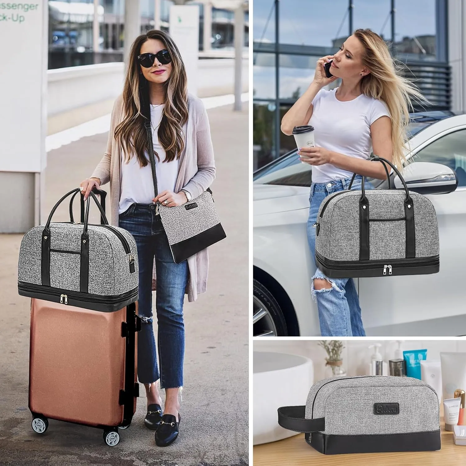 Weekender Bag for Women Canvas Overnight Bag Large Travel Tote Bag Carry on Shoulder Duffle Bag With Shoe Compartment,Perfect for Travel/Daily Use/Birthday Gift , B-grey, Fashion