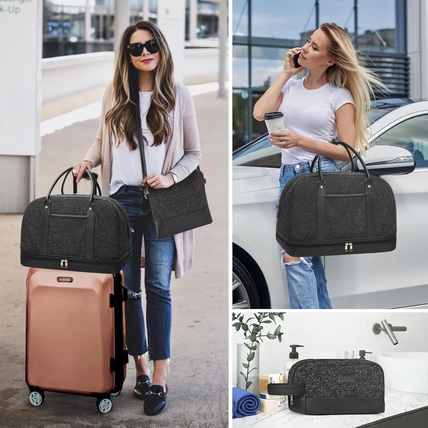Weekender Bag for Women Canvas Overnight Bag Large Travel Tote Bag Carry on Shoulder Duffle Bag With Shoe Compartment,Perfect for Travel/Daily Use/Birthday Gift , Black