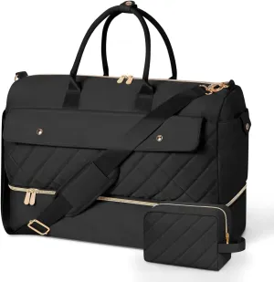 Weekender Bags for Women, 45L Travel Duffel Bag with Separate Shoe Compartment, Waterproof Nylon, Black, Large
