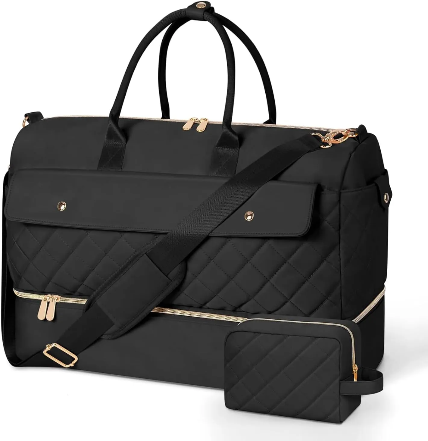 Weekender Bags for Women, 45L Travel Duffel Bag with Separate Shoe Compartment, Waterproof Nylon, Black, Large