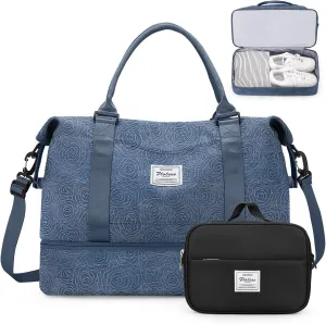 Weekender Bags for Women,Personal Item Travel Bag with Shoes Compartment,Overnight Travel Duffel Bag with Toiletry Bag, X-Denim Rose Pattern, Large