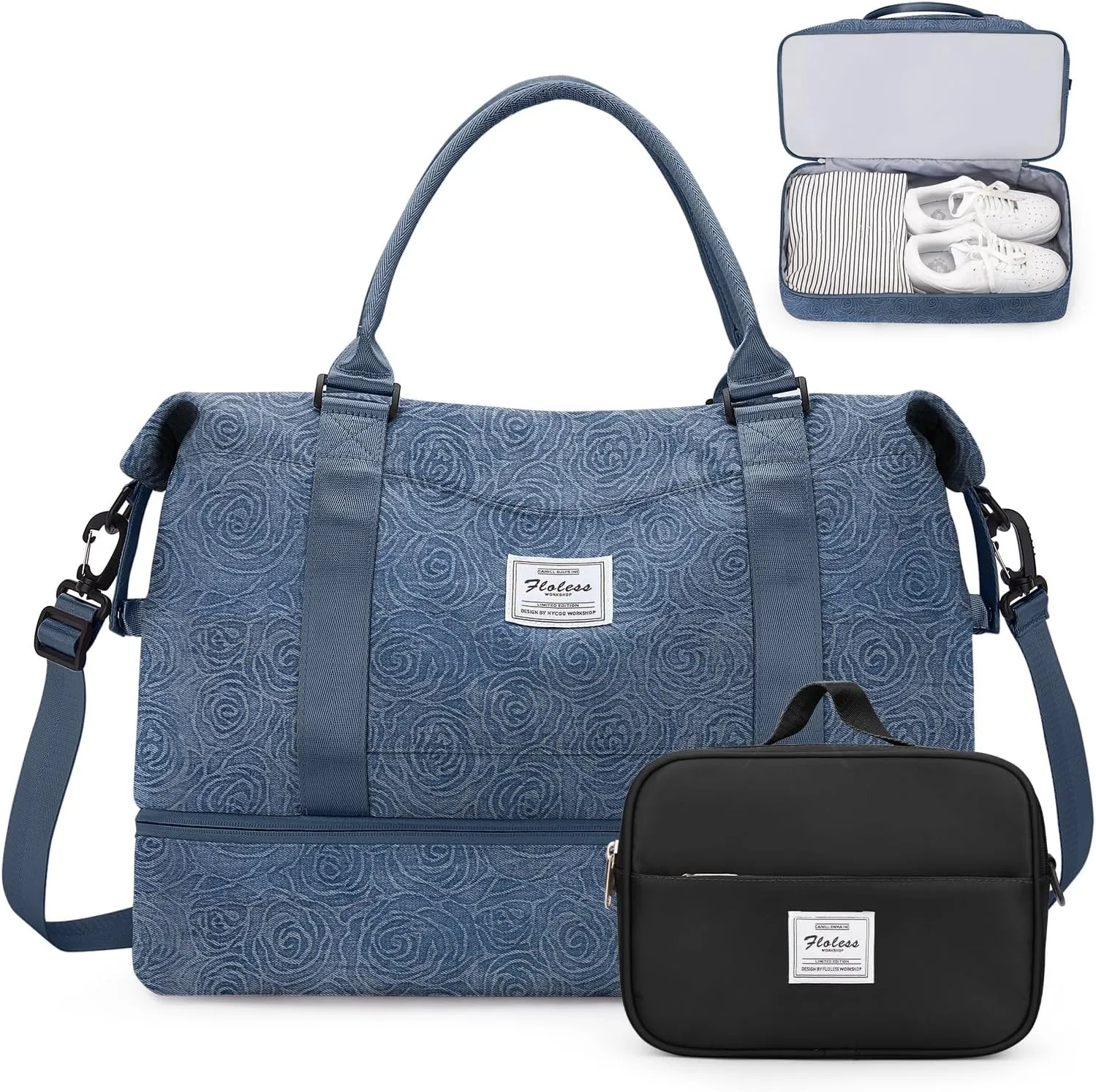 Weekender Bags for Women,Personal Item Travel Bag with Shoes Compartment,Overnight Travel Duffel Bag with Toiletry Bag, X-Denim Rose Pattern, Large